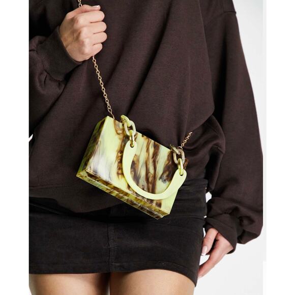 ASOS marble box clutch bag w crossbody detachable chain yellow swirl purse $50 - Picture 1 of 8